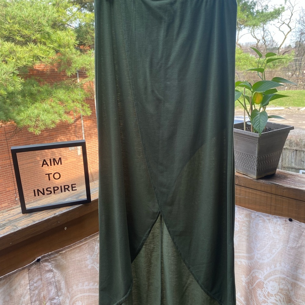 Army green, thin material long skirt.